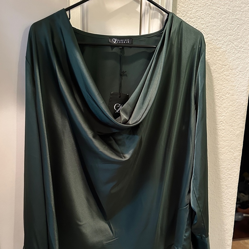 Green Satin Cowl Neck Blouse